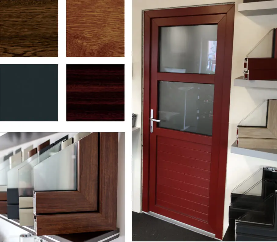 uPVC-Colours A red exterior door with glass panels, surrounded by wood and color samples.